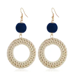 Navy Polyster & Rattan Open Circle Drop Earrings