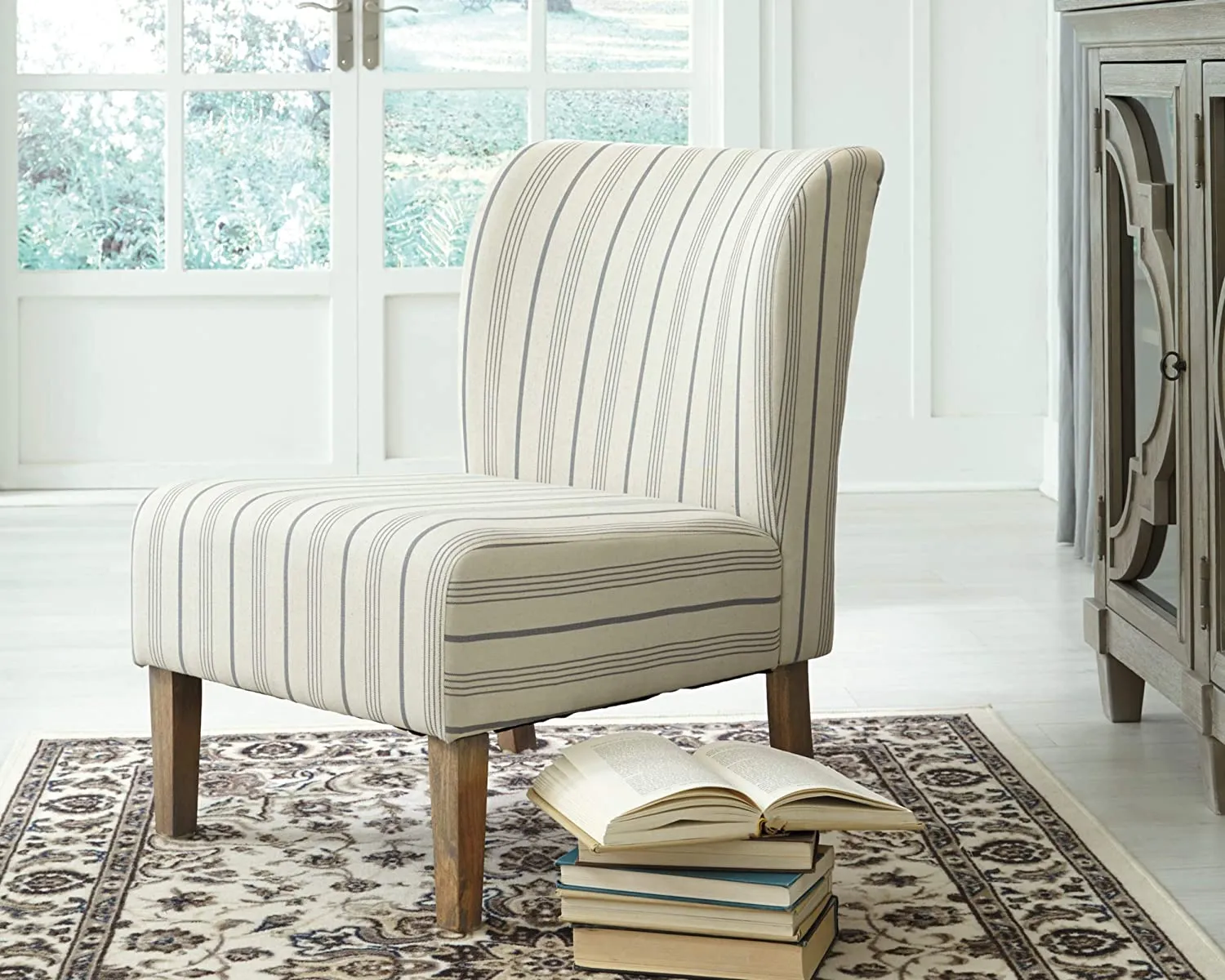 New Assembled Signature Design by Ashley - Triptis Accent Chair - Farmhouse Style - Pinstriped Cream/Blue