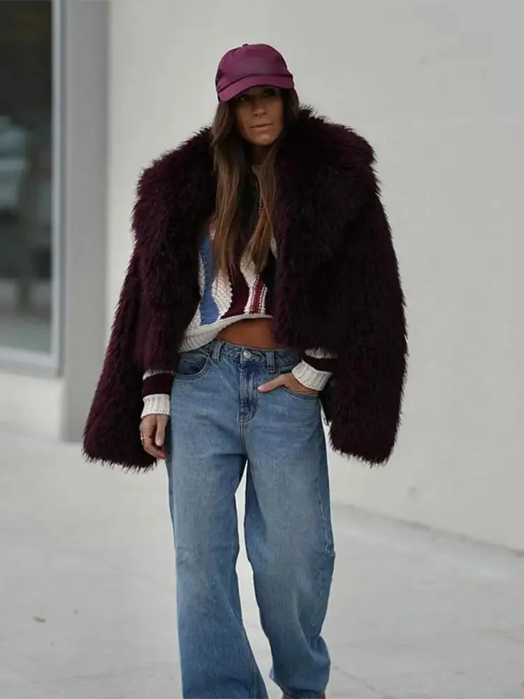 New Fashion Faux Fur Jacket Coat Warm Fluffy Loose Long Sleeve Lapel Winter Outerwear