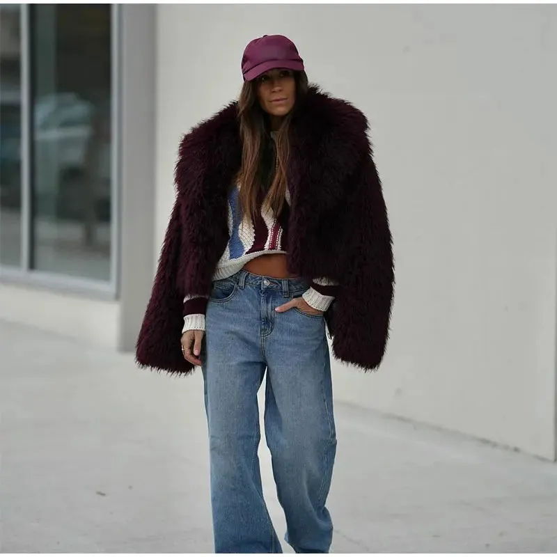 New Fashion Faux Fur Jacket Coat Warm Fluffy Loose Long Sleeve Lapel Winter Outerwear