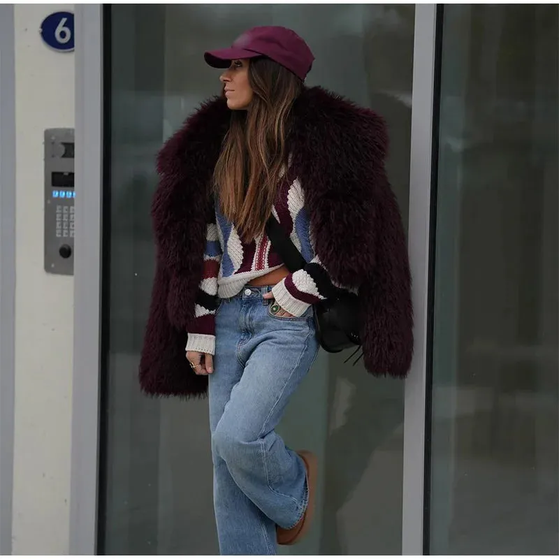 New Fashion Faux Fur Jacket Coat Warm Fluffy Loose Long Sleeve Lapel Winter Outerwear