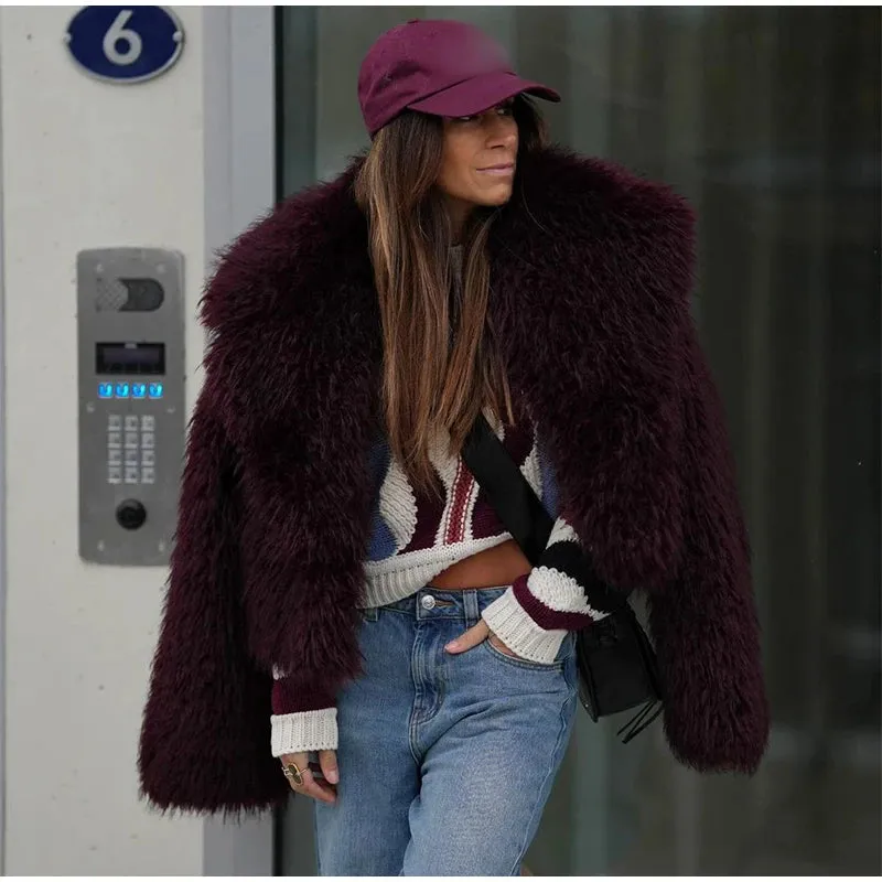 New Fashion Faux Fur Jacket Coat Warm Fluffy Loose Long Sleeve Lapel Winter Outerwear