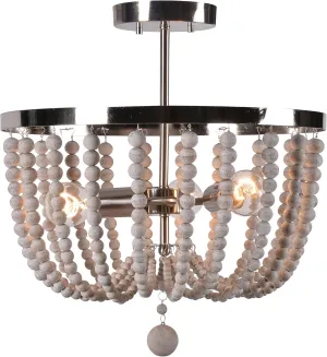 NEW Retails $342, Kenroy Home Bohemian 3 Light Wood Bead Semi Flush 16 Inch Ext 16 Inch Width 17 Inch Height Brushed Steel Finish w/Distressed White Wood Beads Finish (93136BS)
