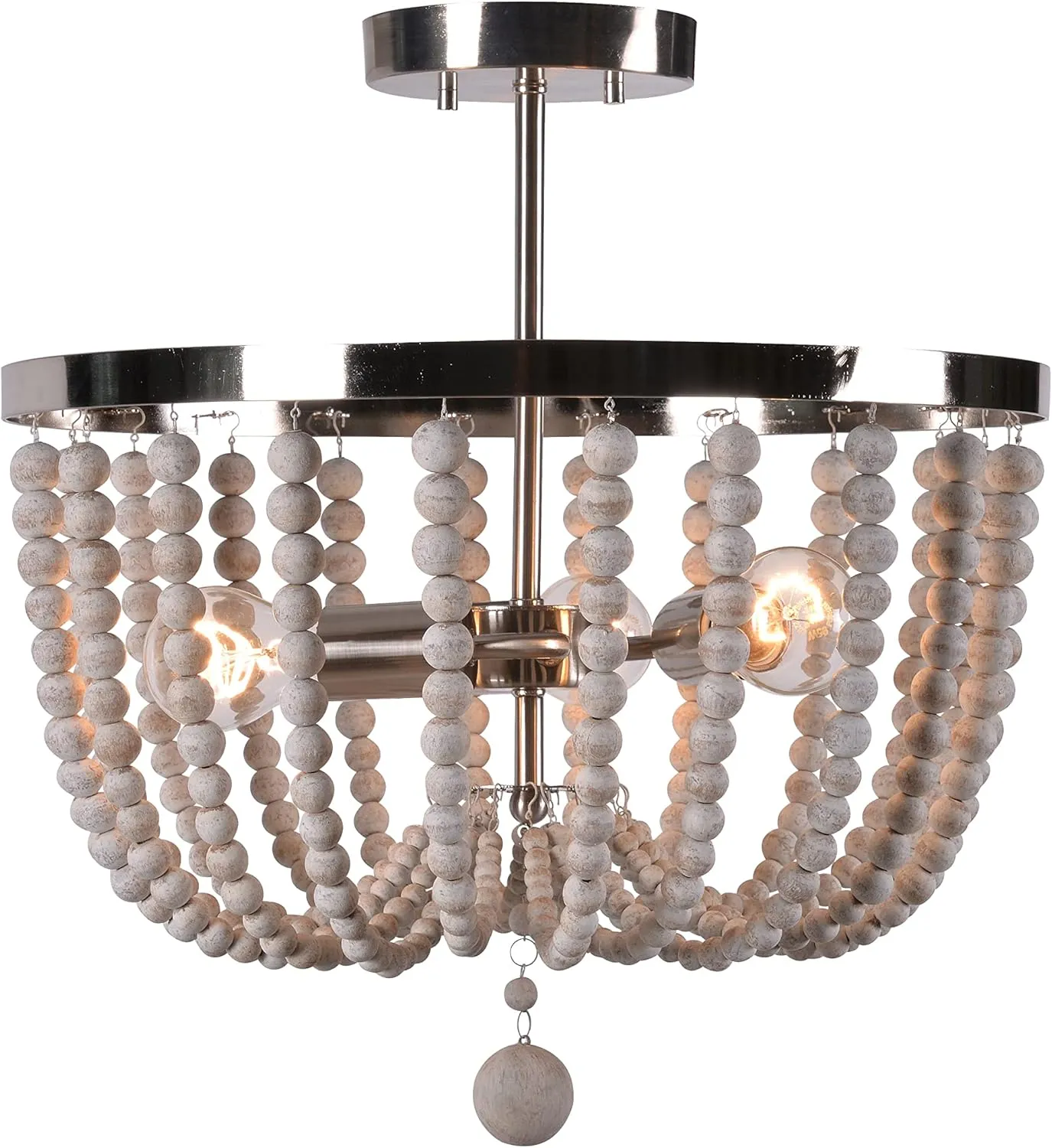 NEW Retails $342, Kenroy Home Bohemian 3 Light Wood Bead Semi Flush 16 Inch Ext 16 Inch Width 17 Inch Height Brushed Steel Finish w/Distressed White Wood Beads Finish (93136BS)