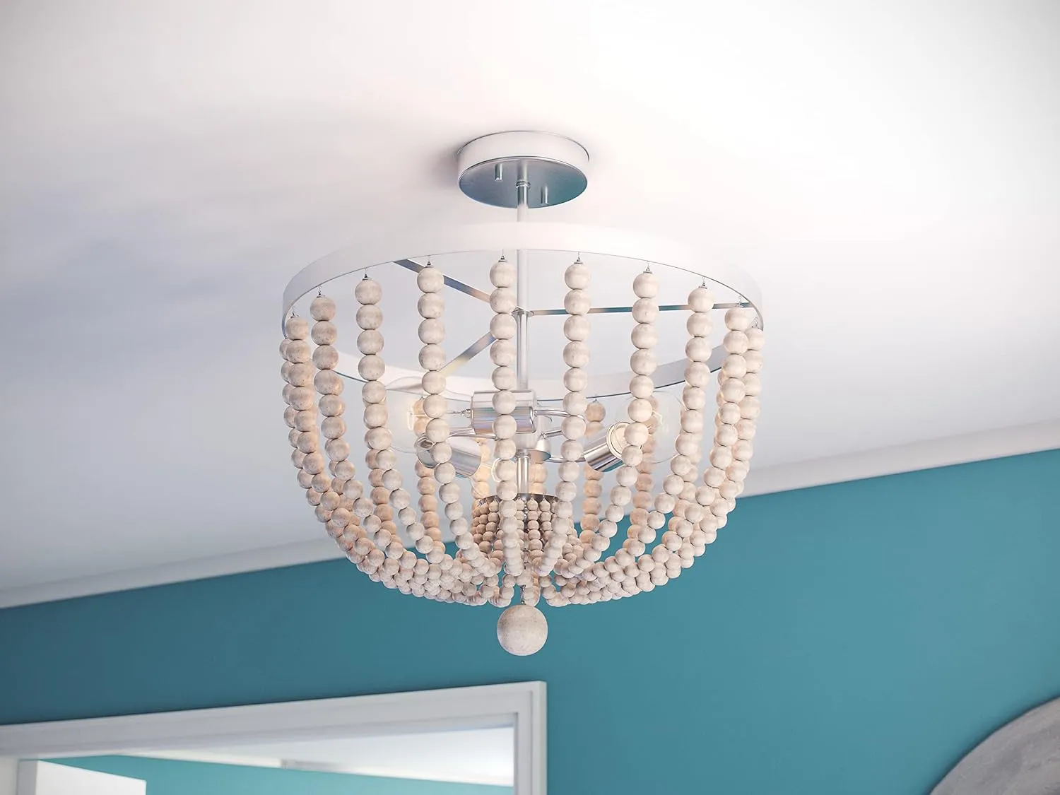 NEW Retails $342, Kenroy Home Bohemian 3 Light Wood Bead Semi Flush 16 Inch Ext 16 Inch Width 17 Inch Height Brushed Steel Finish w/Distressed White Wood Beads Finish (93136BS)