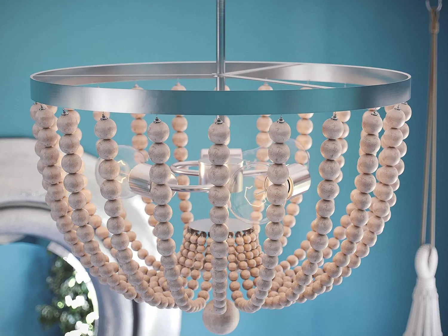 NEW Retails $342, Kenroy Home Bohemian 3 Light Wood Bead Semi Flush 16 Inch Ext 16 Inch Width 17 Inch Height Brushed Steel Finish w/Distressed White Wood Beads Finish (93136BS)