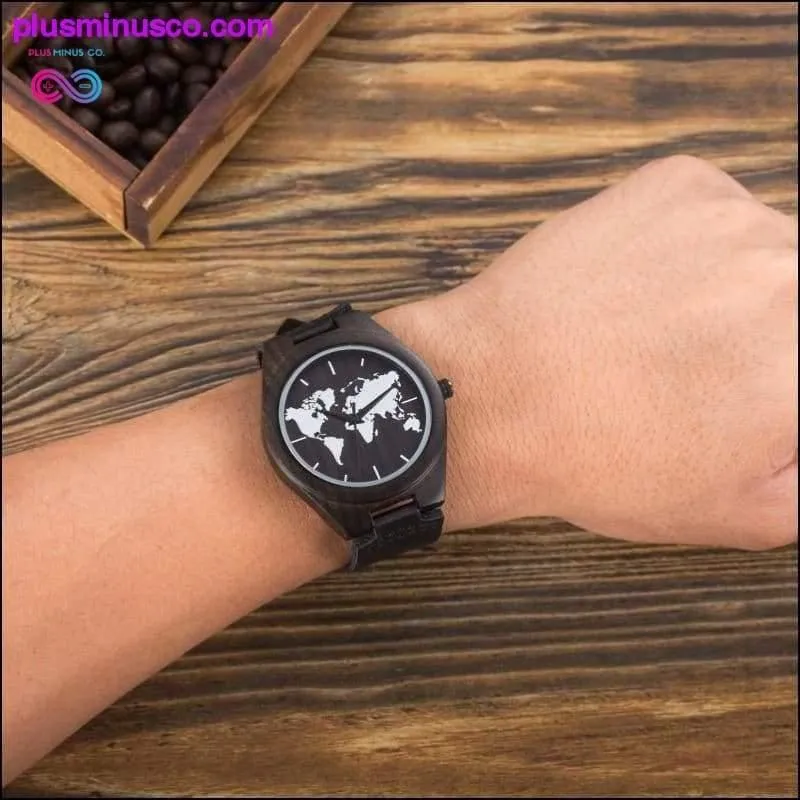 New World Map Mens Genuine Leather Quartz Watch Wood Bamboo