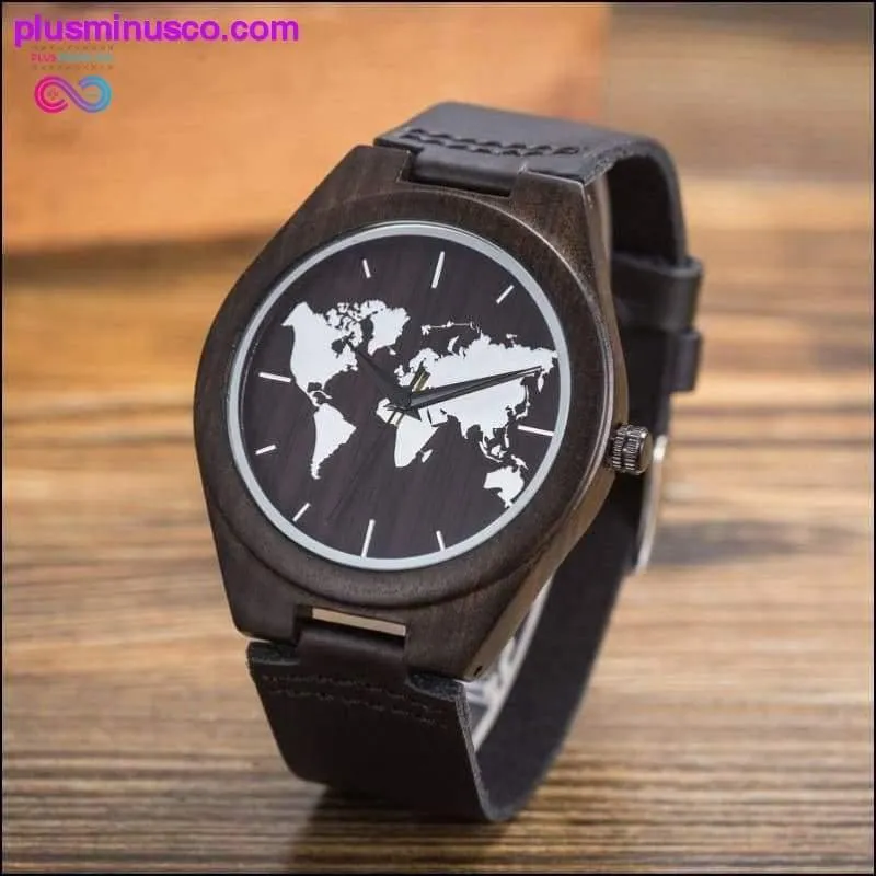 New World Map Mens Genuine Leather Quartz Watch Wood Bamboo