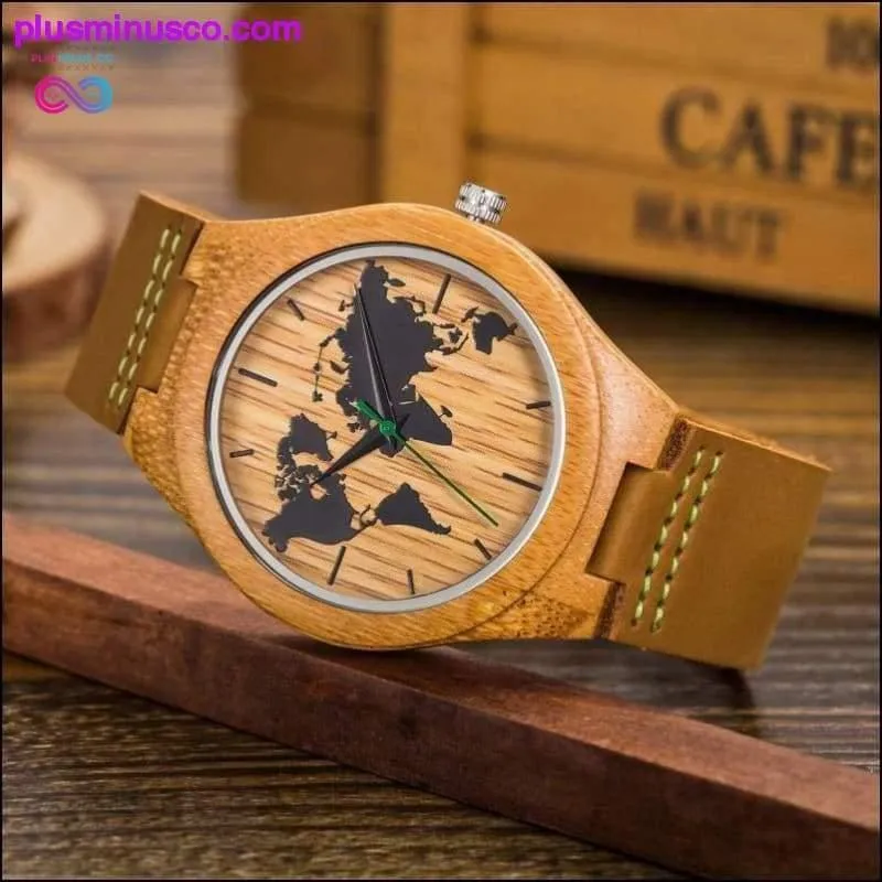 New World Map Mens Genuine Leather Quartz Watch Wood Bamboo