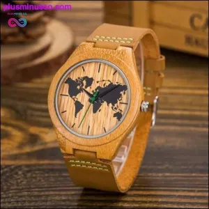 New World Map Mens Genuine Leather Quartz Watch Wood Bamboo