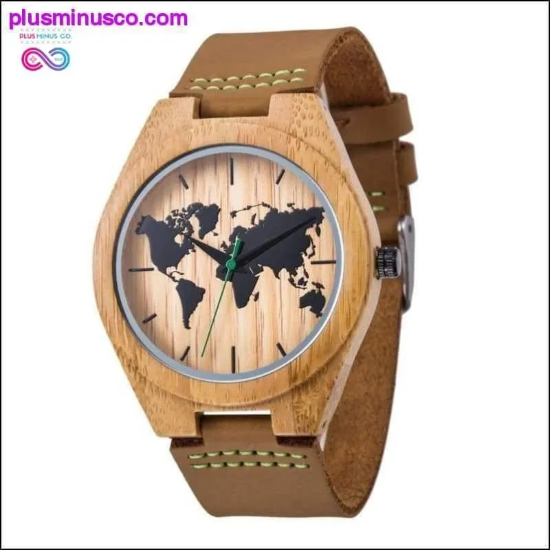 New World Map Mens Genuine Leather Quartz Watch Wood Bamboo