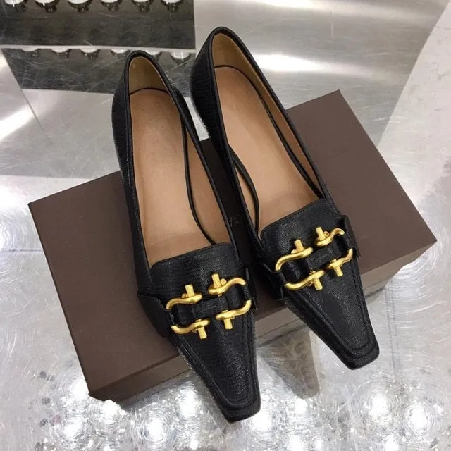 Newest Hot Sale Sexy Elegant Thin Heel Square Pumps Genuine Cow Leather Pumps Metal Decor Pumps Zapatos De Mujer Women Shoes