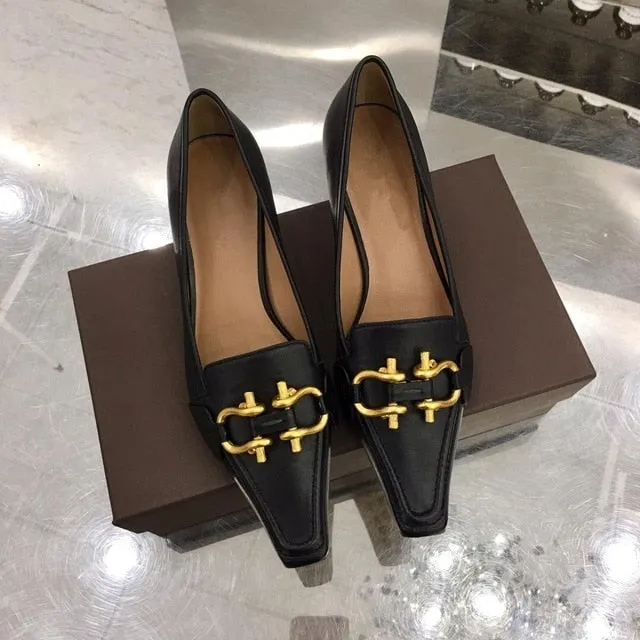 Newest Hot Sale Sexy Elegant Thin Heel Square Pumps Genuine Cow Leather Pumps Metal Decor Pumps Zapatos De Mujer Women Shoes