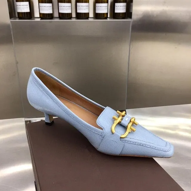 Newest Hot Sale Sexy Elegant Thin Heel Square Pumps Genuine Cow Leather Pumps Metal Decor Pumps Zapatos De Mujer Women Shoes