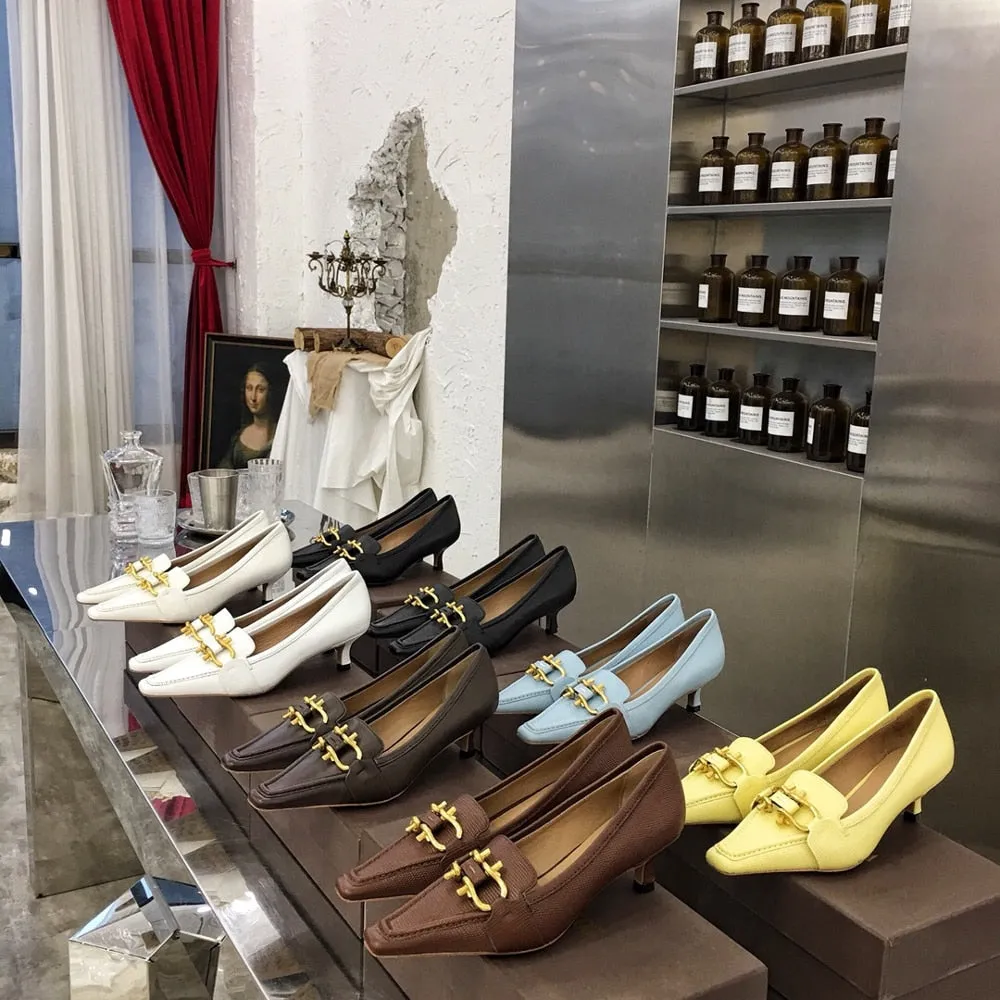 Newest Hot Sale Sexy Elegant Thin Heel Square Pumps Genuine Cow Leather Pumps Metal Decor Pumps Zapatos De Mujer Women Shoes