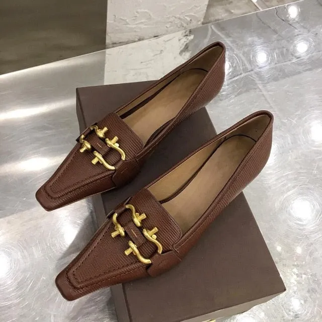 Newest Hot Sale Sexy Elegant Thin Heel Square Pumps Genuine Cow Leather Pumps Metal Decor Pumps Zapatos De Mujer Women Shoes