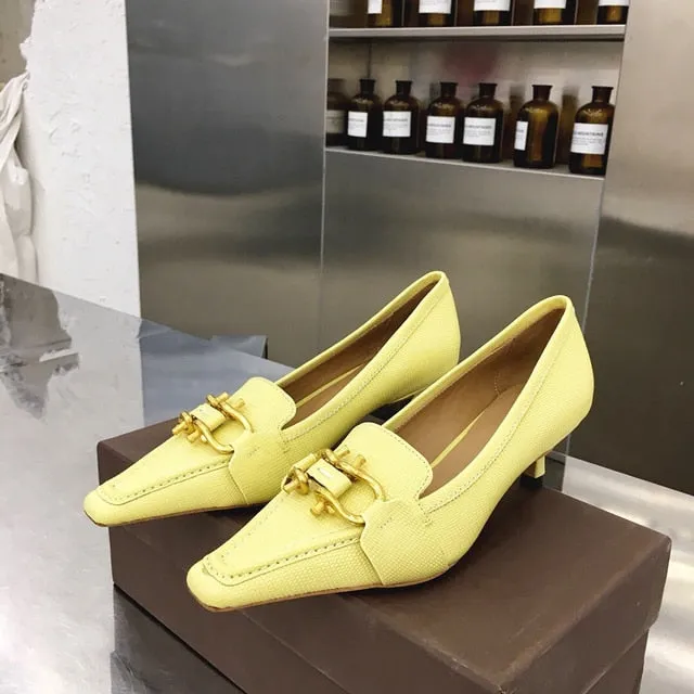 Newest Hot Sale Sexy Elegant Thin Heel Square Pumps Genuine Cow Leather Pumps Metal Decor Pumps Zapatos De Mujer Women Shoes