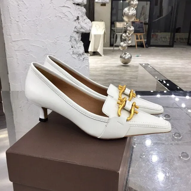Newest Hot Sale Sexy Elegant Thin Heel Square Pumps Genuine Cow Leather Pumps Metal Decor Pumps Zapatos De Mujer Women Shoes