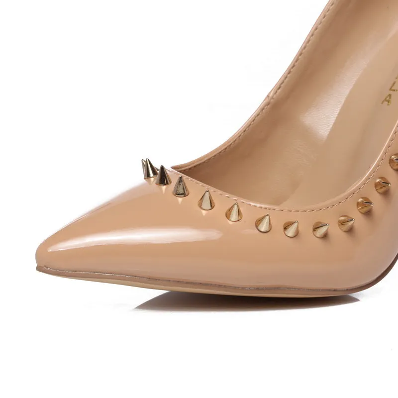 nude genuine leather pointed toe studded pumps rivets high heel dress shoe
