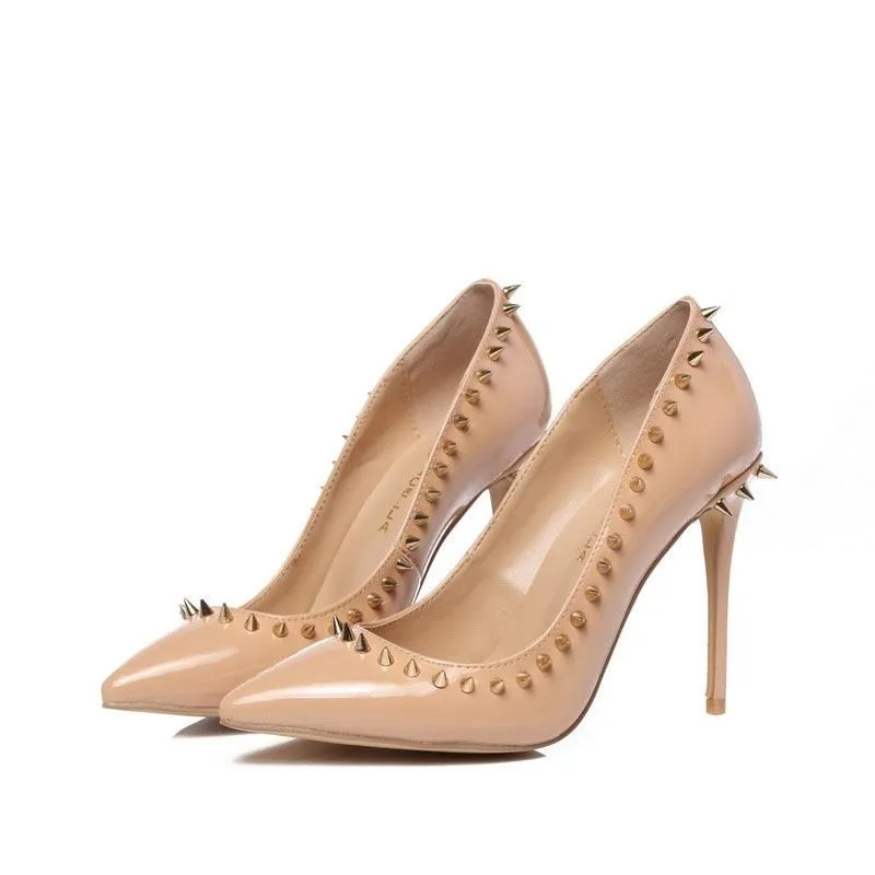 nude genuine leather pointed toe studded pumps rivets high heel dress shoe