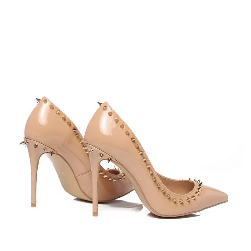 nude genuine leather pointed toe studded pumps rivets high heel dress shoe