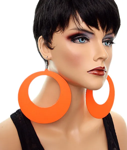 Orange Gigantic Wooden Round Hoop Earrings