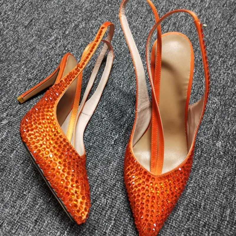 Orange Rhinestone High Heel Pumps Shinny Crystal Slingback Shoes