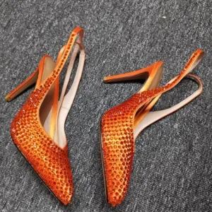 Orange Rhinestone High Heel Pumps Shinny Crystal Slingback Shoes