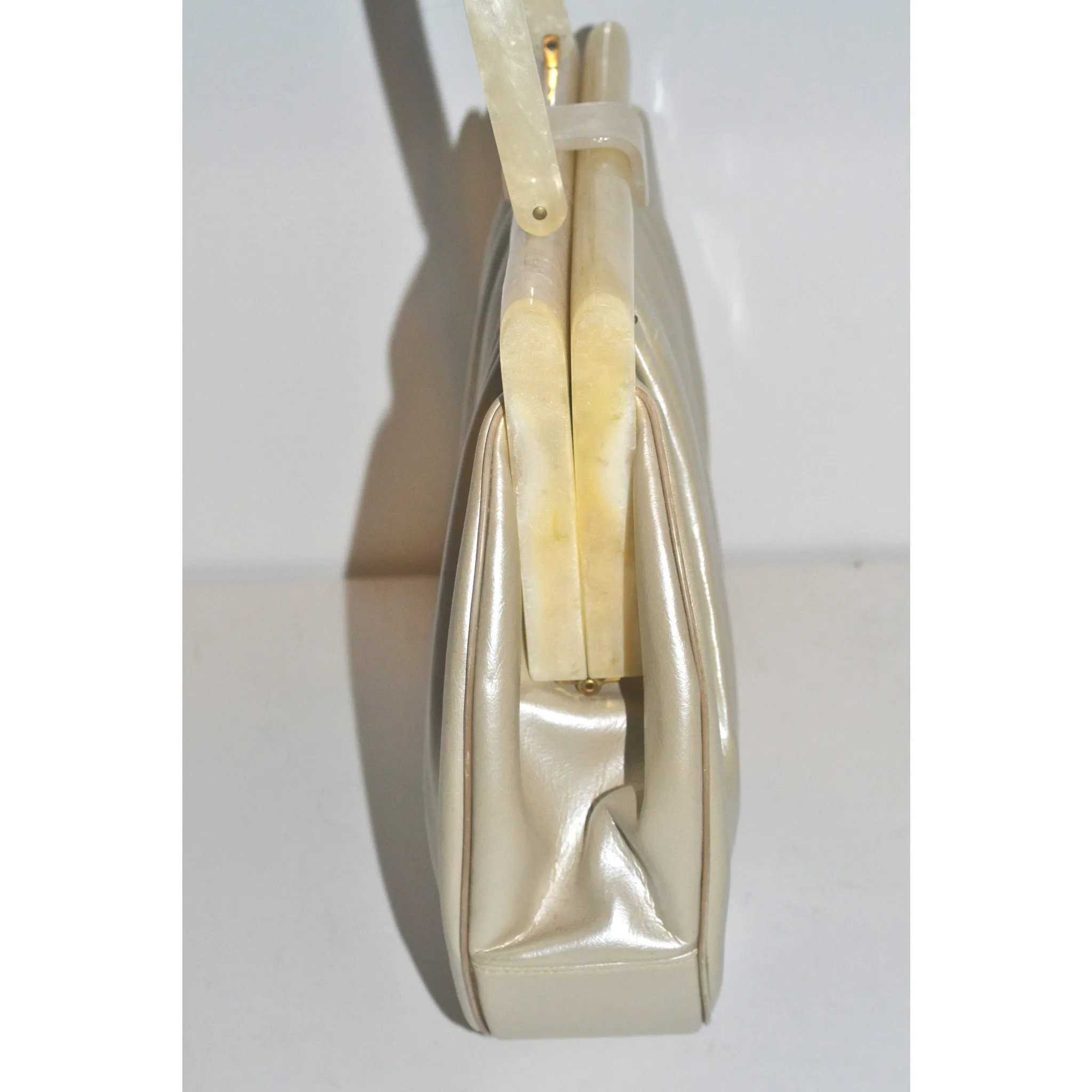 Pearlescent Leather Lucite Handle Purse