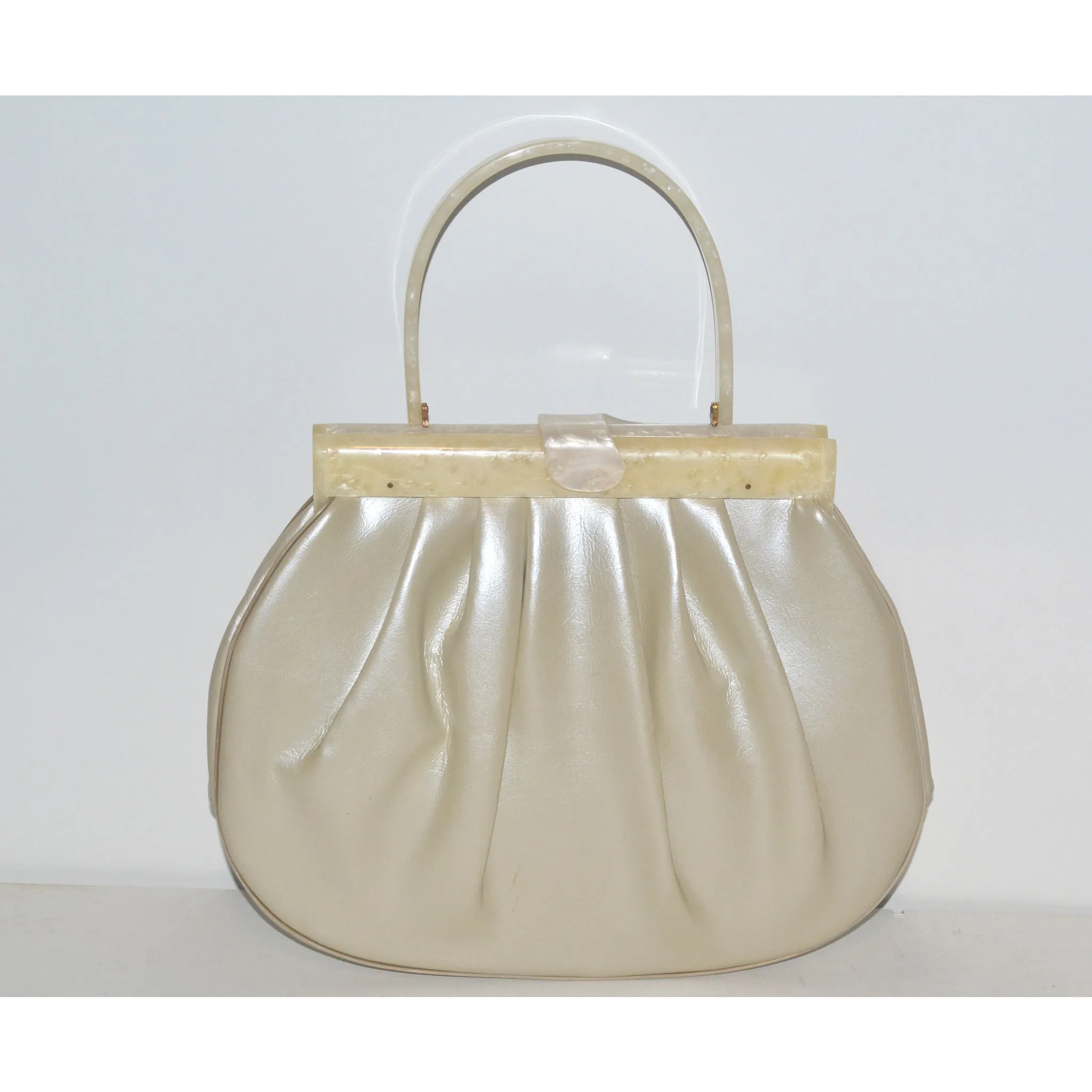 Pearlescent Leather Lucite Handle Purse
