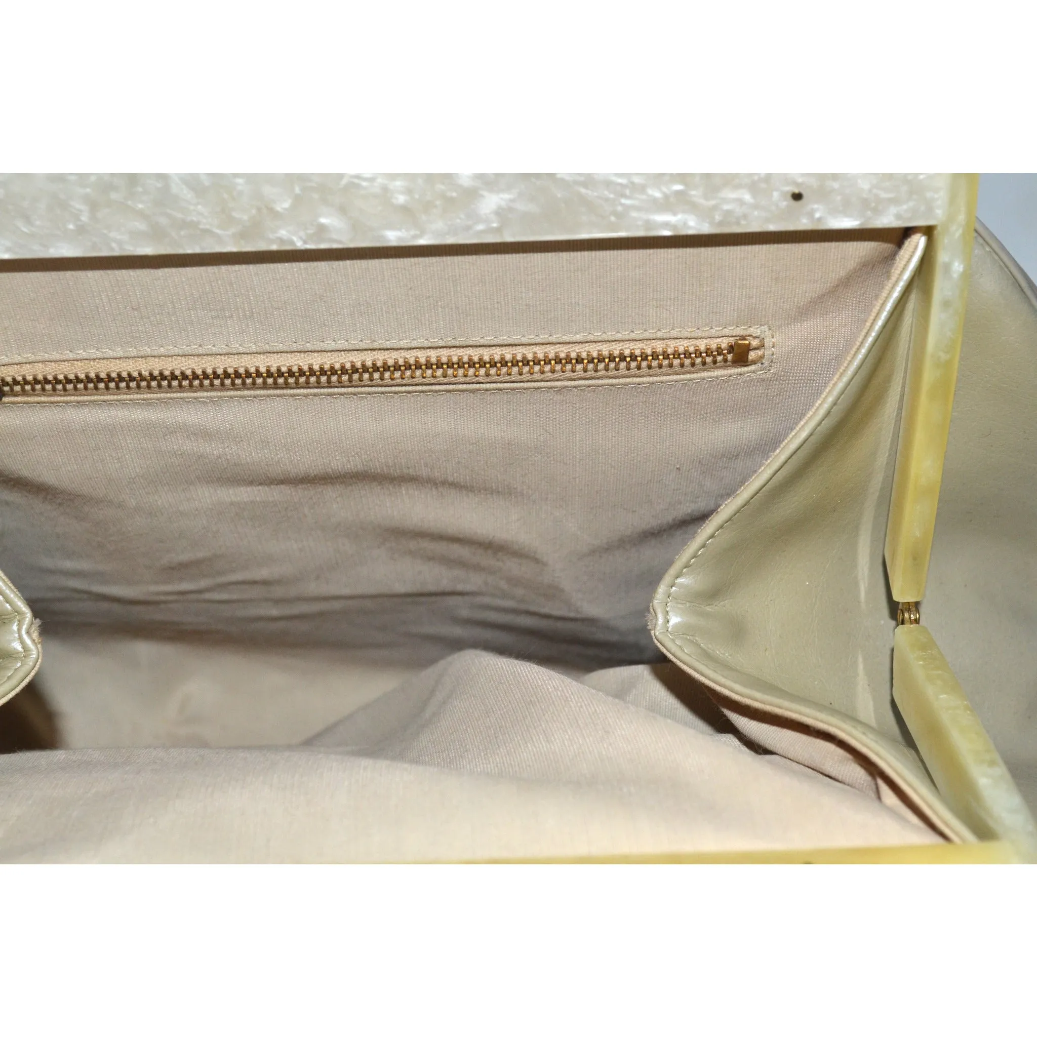 Pearlescent Leather Lucite Handle Purse