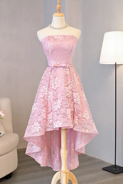 Pink Cute High Low Lace Homecoming Dress, Cute Lace Short Prom Dress
