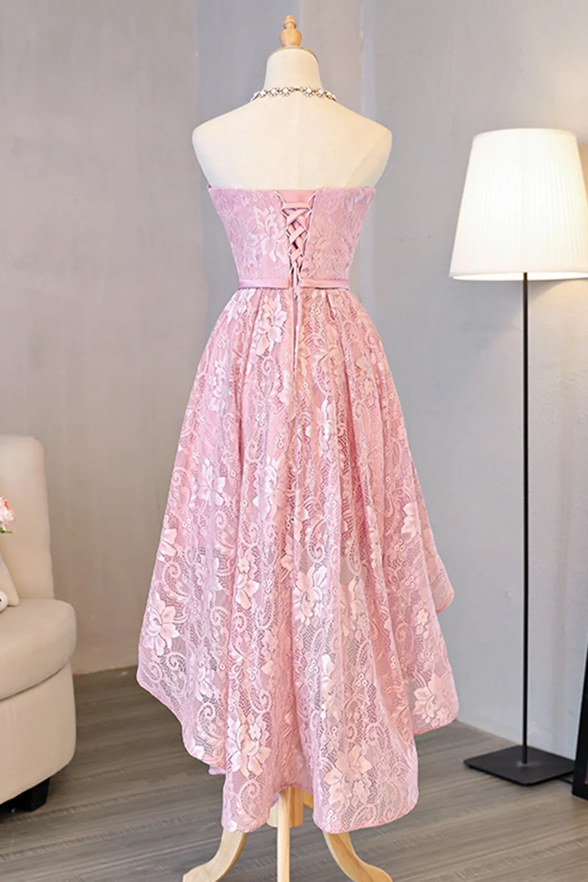 Pink Cute High Low Lace Homecoming Dress, Cute Lace Short Prom Dress