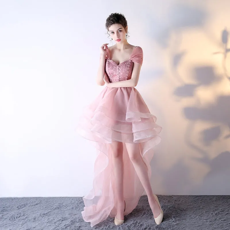 Pink Organza Off Shoulder Layers High Low Lace Party Dress, Pink Homecoming Dress