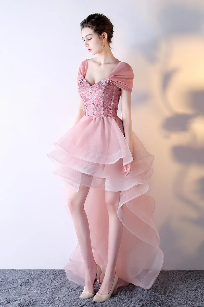 Pink Organza Off Shoulder Layers High Low Lace Party Dress, Pink Homecoming Dress