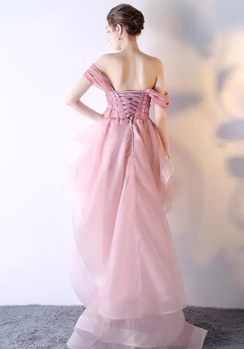 Pink Organza Off Shoulder Layers High Low Lace Party Dress, Pink Homecoming Dress