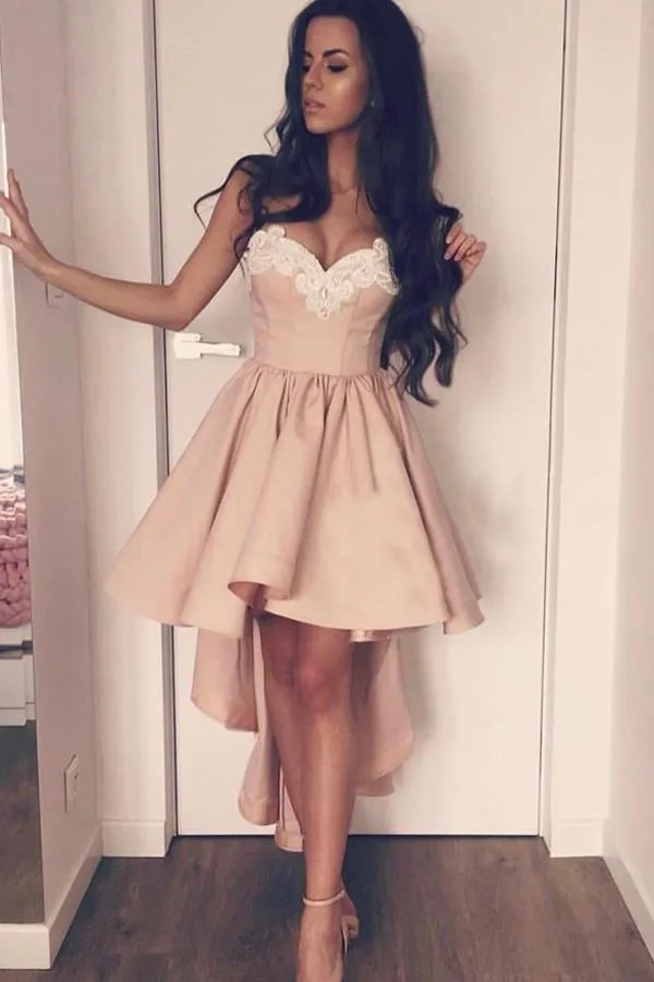 Pink Stretch A-Line Sweetheart High Low Satin Beaded Homecoming Dresses, MH285
