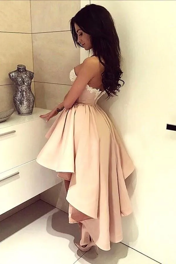 Pink Stretch A-Line Sweetheart High Low Satin Beaded Homecoming Dresses, MH285