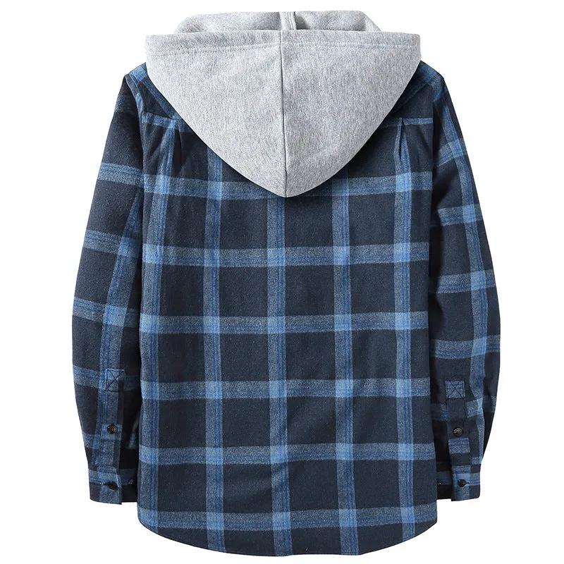 PLAID BUTTON UP HOODED SHIRT WITH CHEST POCKET
