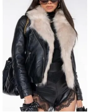 Plus Size Pleather Jacket Faux Fur Collar