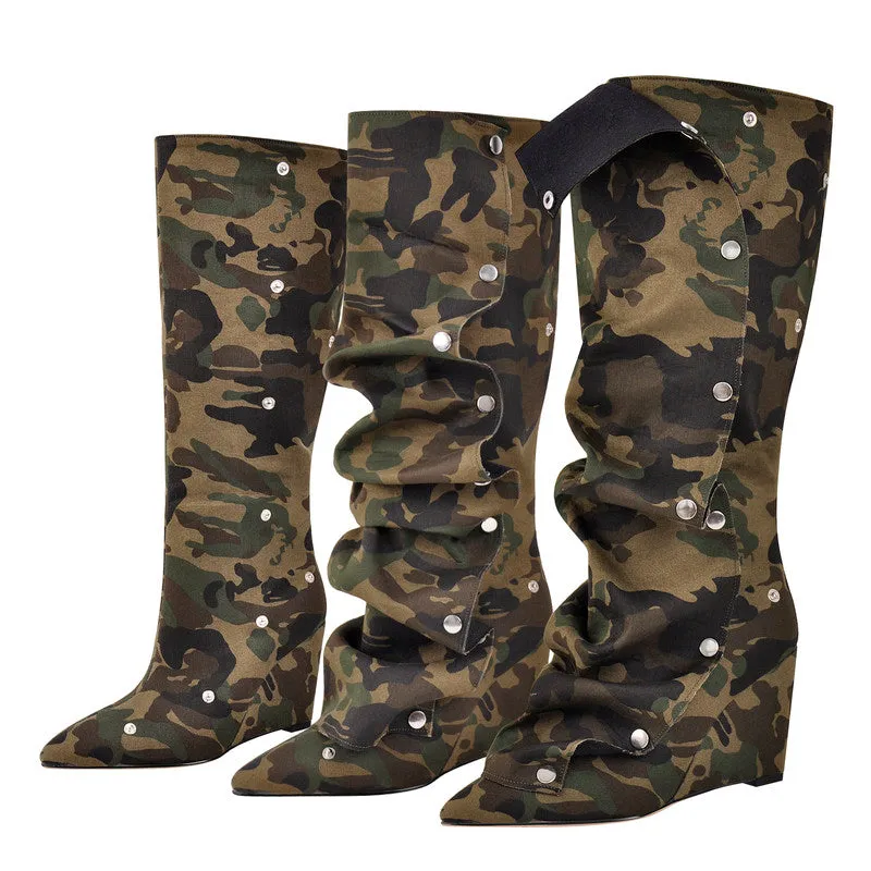 Pointed Toe Wedge Heel Camouflage Fold Over Boots