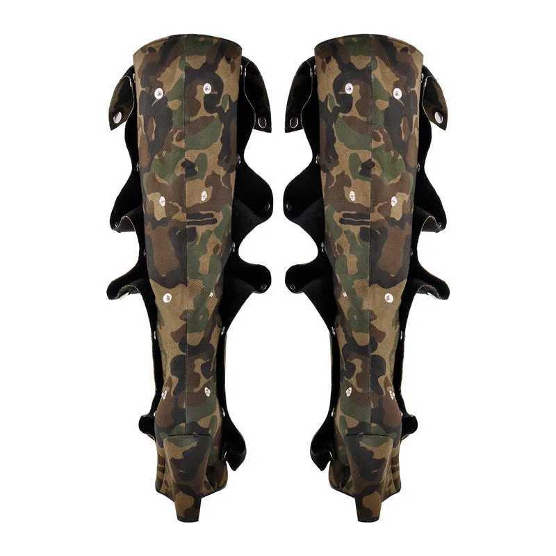 Pointed Toe Wedge Heel Camouflage Fold Over Boots