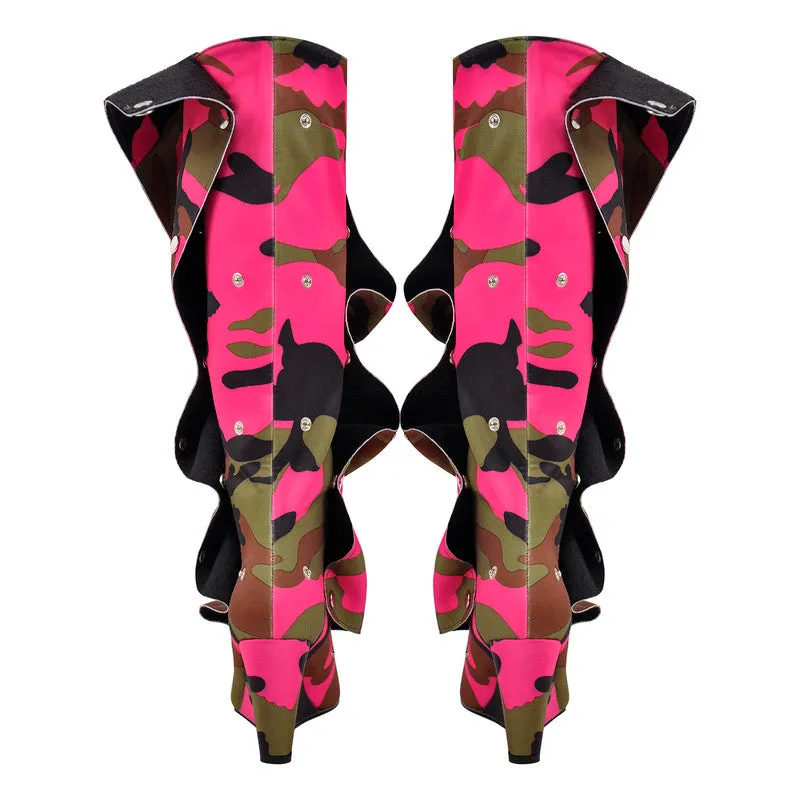 Pointed Toe Wedge Heel Camouflage Fold Over Boots