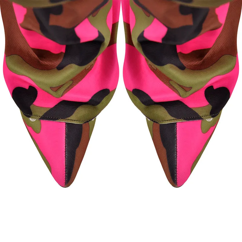Pointed Toe Wedge Heel Camouflage Fold Over Boots