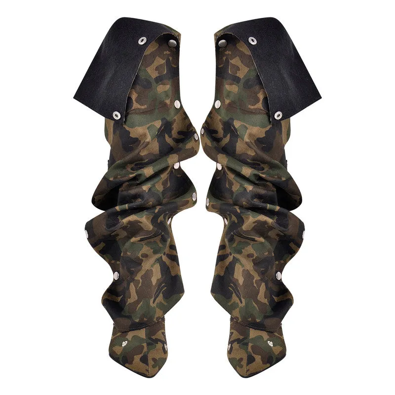 Pointed Toe Wedge Heel Camouflage Fold Over Boots