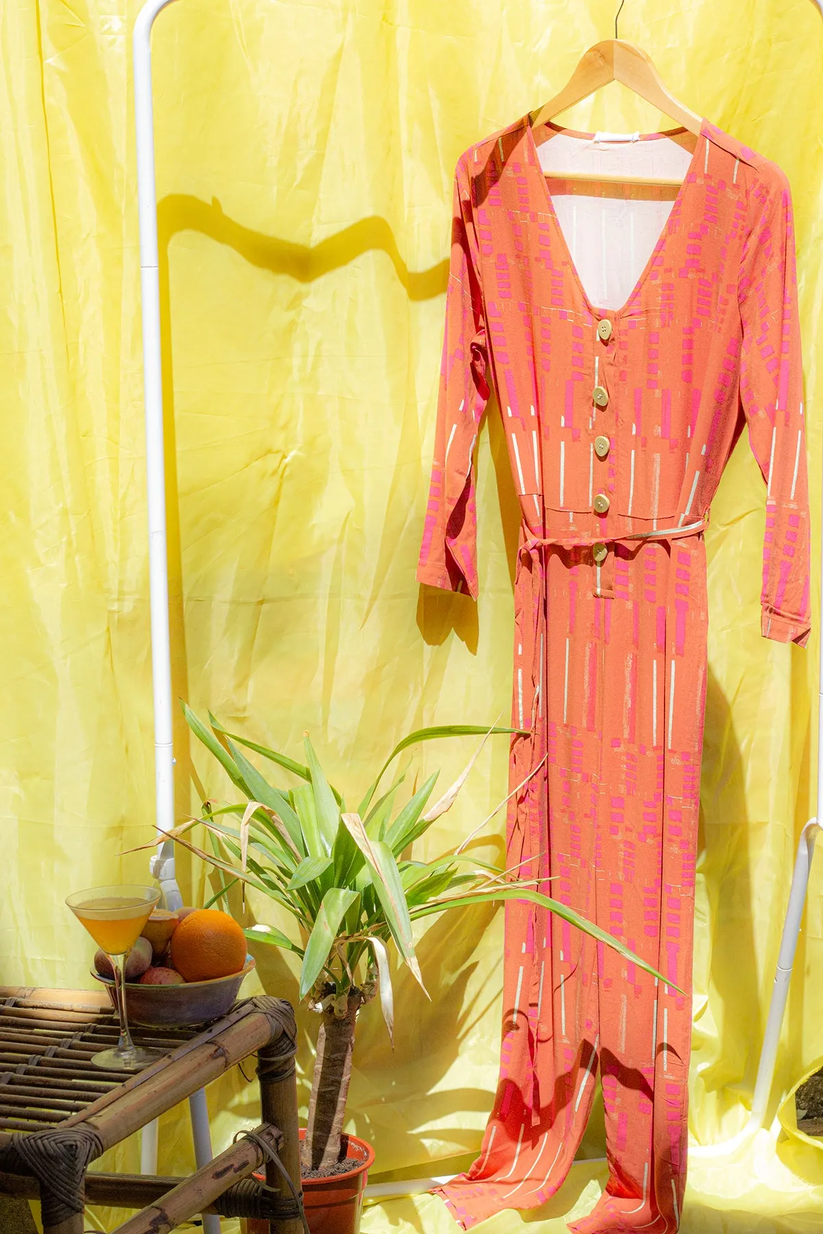 Printed Loose Fit Jumpsuit With Statement Buttons Skinny Belt