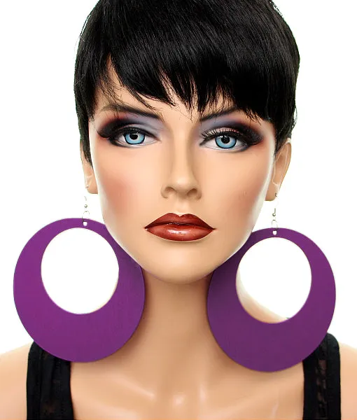Purple Gigantic Wooden Round Hoop Earrings