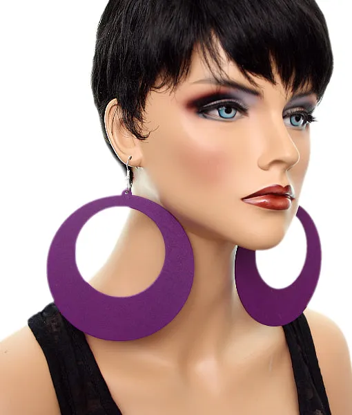 Purple Gigantic Wooden Round Hoop Earrings