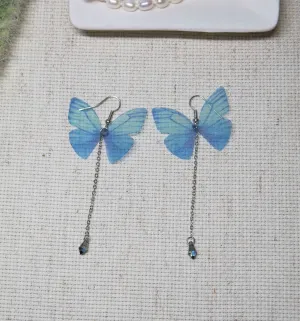 Realistic Chiffon Blue Butterfly Earrings, Fashion Statement Chain Dangle Earrings, Artistic Fantasy Tassel Jewelry