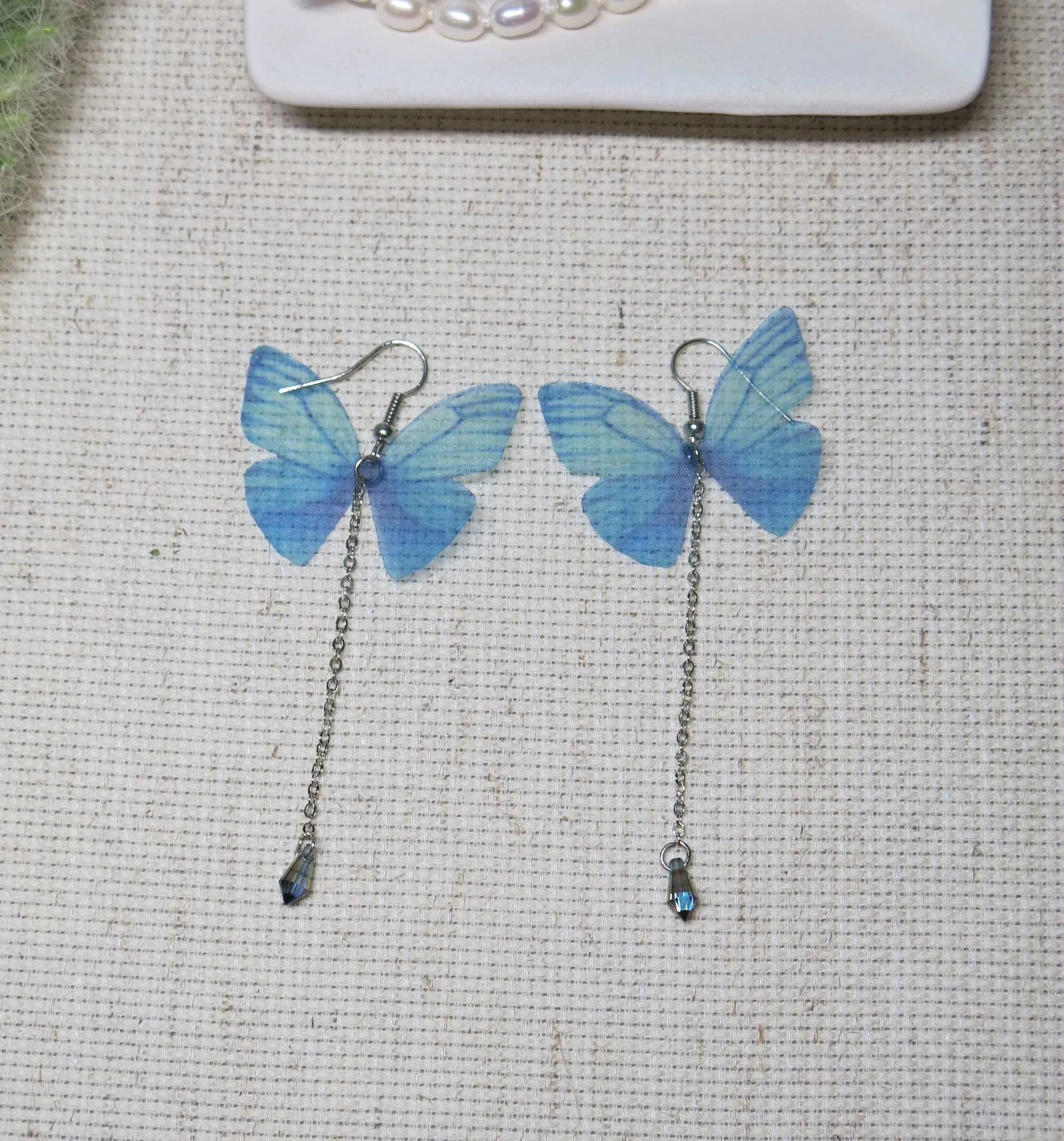 Realistic Chiffon Blue Butterfly Earrings, Fashion Statement Chain Dangle Earrings, Artistic Fantasy Tassel Jewelry